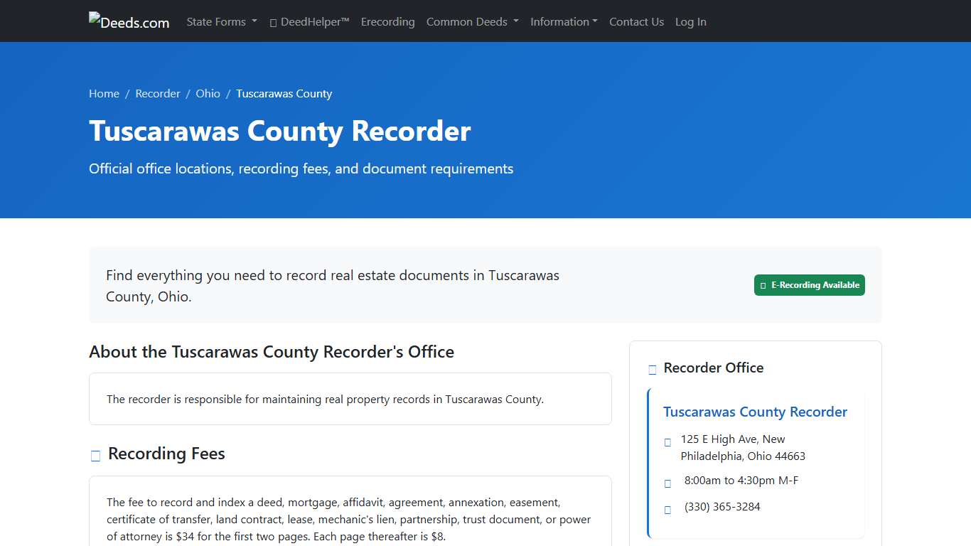 Tuscarawas County Recorder Information, Ohio - Deeds.com